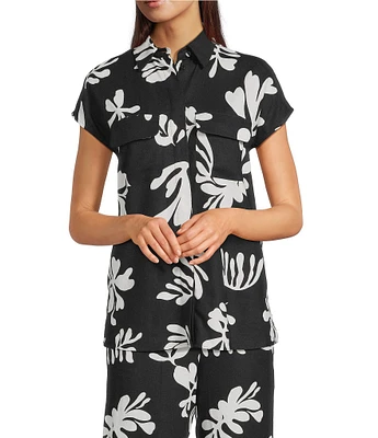 Marella Addotto Coordinating Linen Blend Shirt Collar Short Sleeve Button Front Blouse