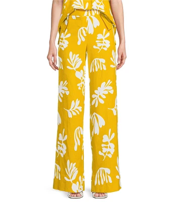 Marella Antiope Linen Blend Summer Leaf Print Elastic Back Wide Leg Pull-On Coordinating Pants