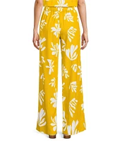 Marella Antiope Linen Blend Summer Leaf Print Elastic Back Wide Leg Pull-On Coordinating Pants