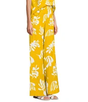 Marella Antiope Linen Blend Summer Leaf Print Elastic Back Wide Leg Pull-On Coordinating Pants