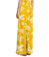 Marella Antiope Linen Blend Summer Leaf Print Elastic Back Wide Leg Pull-On Coordinating Pants