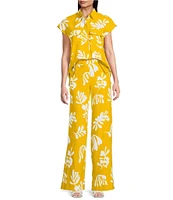 Marella Antiope Linen Blend Summer Leaf Print Elastic Back Wide Leg Pull-On Coordinating Pants