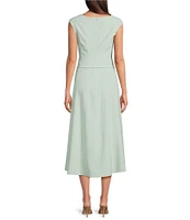 Marella Bitter Stretch Microfiber Canvas Square Neck Cap Sleeve Belted Fit & Flare Midi Dress