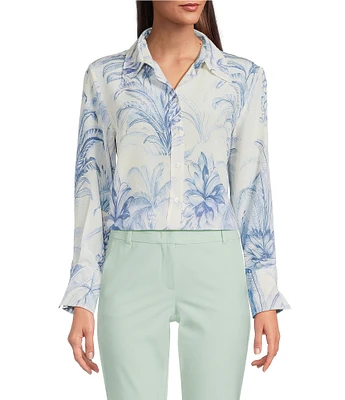 Marella Conio Palm Toile Printed Silk Crepe de Chine Point Collar Long Sleeve Button Front Blouse