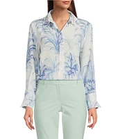 Marella Conio Palm Toile Printed Silk Crepe de Chine Point Collar Long Sleeve Button Front Blouse