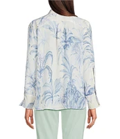 Marella Conio Palm Toile Printed Silk Crepe de Chine Point Collar Long Sleeve Button Front Blouse
