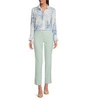Marella Conio Palm Toile Printed Silk Crepe de Chine Point Collar Long Sleeve Button Front Blouse