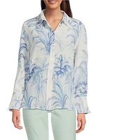 Marella Conio Palm Toile Printed Silk Crepe de Chine Point Collar Long Sleeve Button Front Blouse
