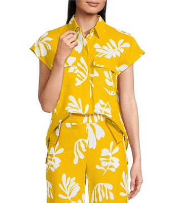 Marella Coordinating Addotto Linen-Blend Summer Leaf Print Point Collar Short Sleeve Patch Pocket Blouse