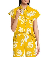 Marella Coordinating Addotto Linen-Blend Summer Leaf Print Point Collar Short Sleeve Patch Pocket Blouse