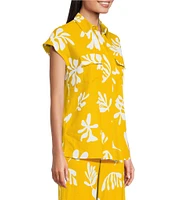 Marella Coordinating Addotto Linen-Blend Summer Leaf Print Point Collar Short Sleeve Patch Pocket Blouse