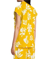Marella Coordinating Addotto Linen-Blend Summer Leaf Print Point Collar Short Sleeve Patch Pocket Blouse