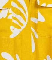 Marella Coordinating Addotto Linen-Blend Summer Leaf Print Point Collar Short Sleeve Patch Pocket Blouse