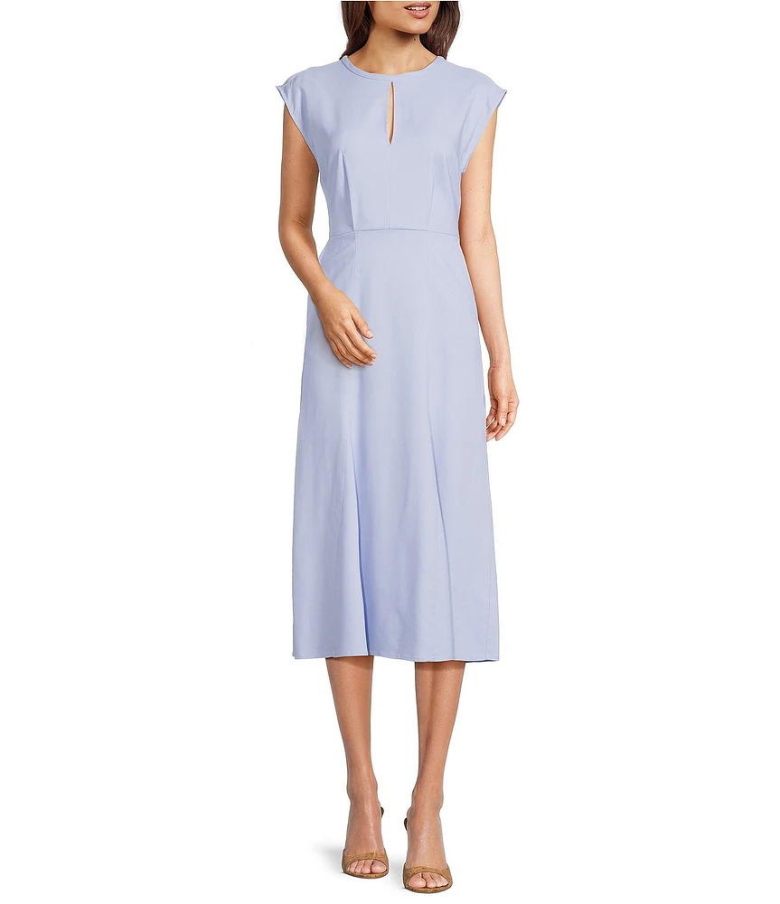 Marella Crema Stretch Twill Round Neck Cap Sleeve Fit and Flare Midi Dress