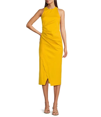 Marella Elegia Stretch Poplin Round Halter Neck Sleeveless Side Pleat Detail Midi Sheath Dress