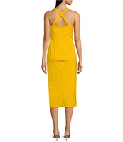 Marella Elegia Stretch Poplin Round Halter Neck Sleeveless Side Pleat Detail Midi Sheath Dress