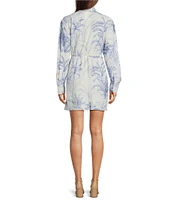 Marella Idioma Palm Toile Print Linen-Blend Point Collar Long Sleeve Shirt Dress with Side Sash Detail