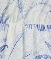 Marella Idioma Palm Toile Print Linen-Blend Point Collar Long Sleeve Shirt Dress with Side Sash Detail