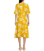 Marella Molise Summer Leaf Print Linen Blend Keyhole V-Neck Elbow Short Sleeve Fit & Flare Midi Dress