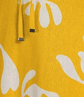 Marella Molise Summer Leaf Print Linen Blend Keyhole V-Neck Elbow Short Sleeve Fit & Flare Midi Dress