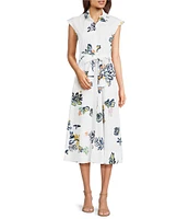 Marella Pier Floral Print Organic Stretch Poplin Point Collar Cap Sleeve Belted Midi Shirt Dress