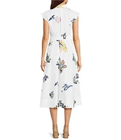 Marella Pier Floral Print Organic Stretch Poplin Point Collar Cap Sleeve Belted Midi Shirt Dress