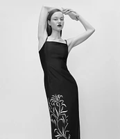 Marella Sierra Crepe Back Satin Placement Foliage Print Square Neck Sleeveless Midi Dress