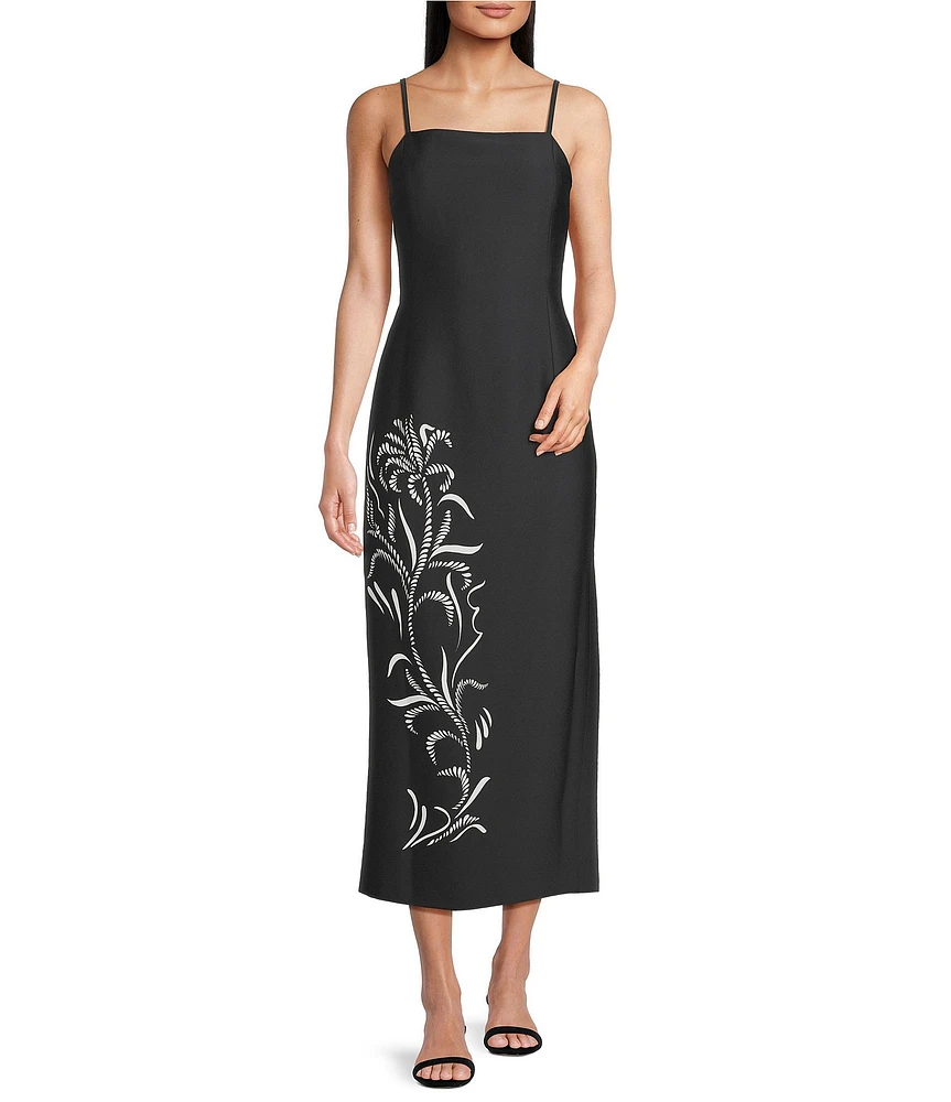 Marella Sierra Crepe Back Satin Placement Foliage Print Square Neck Sleeveless Midi Dress