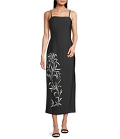 Marella Sierra Crepe Back Satin Placement Foliage Print Square Neck Sleeveless Midi Dress