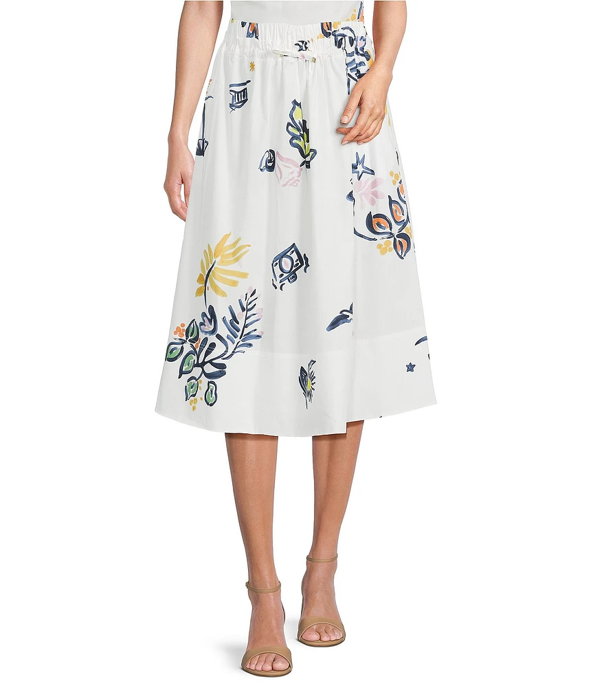 Marella Zambia Organic Cotton Stretch Poplin Floral Print Paper-Bag Drawstring Waist A-Line Coordinating Midi Skirt