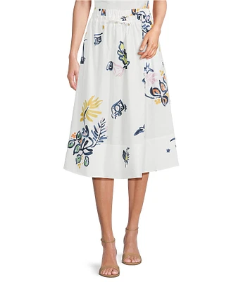 Marella Zambia Organic Cotton Stretch Poplin Floral Print Paper-Bag Drawstring Waist A-Line Coordinating Midi Skirt