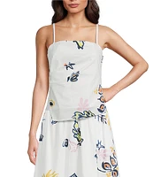 Marella Zum Organic Cotton Stretch Poplin Floral Print Spaghetti Strap Open-Neck Side Pleat Coordinating Top