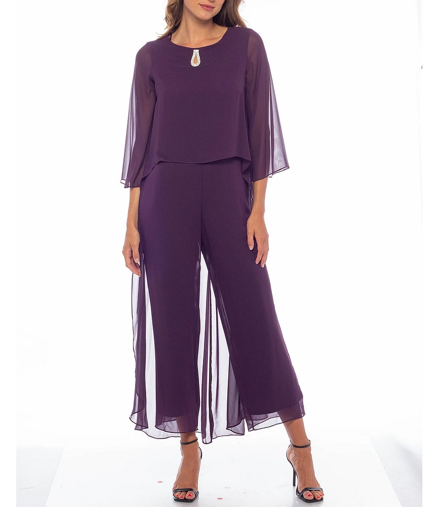 Marina 3/4 Sleeve Keyhole Neck Chiffon Jumpsuit