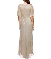 Marina 3/4 Flutter Sleeve V-Neck Knot Front Metallic Gown