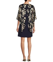 Marina 3/4 Sleeve Crew Neck Metallic Printed Caplet Overlay Dress