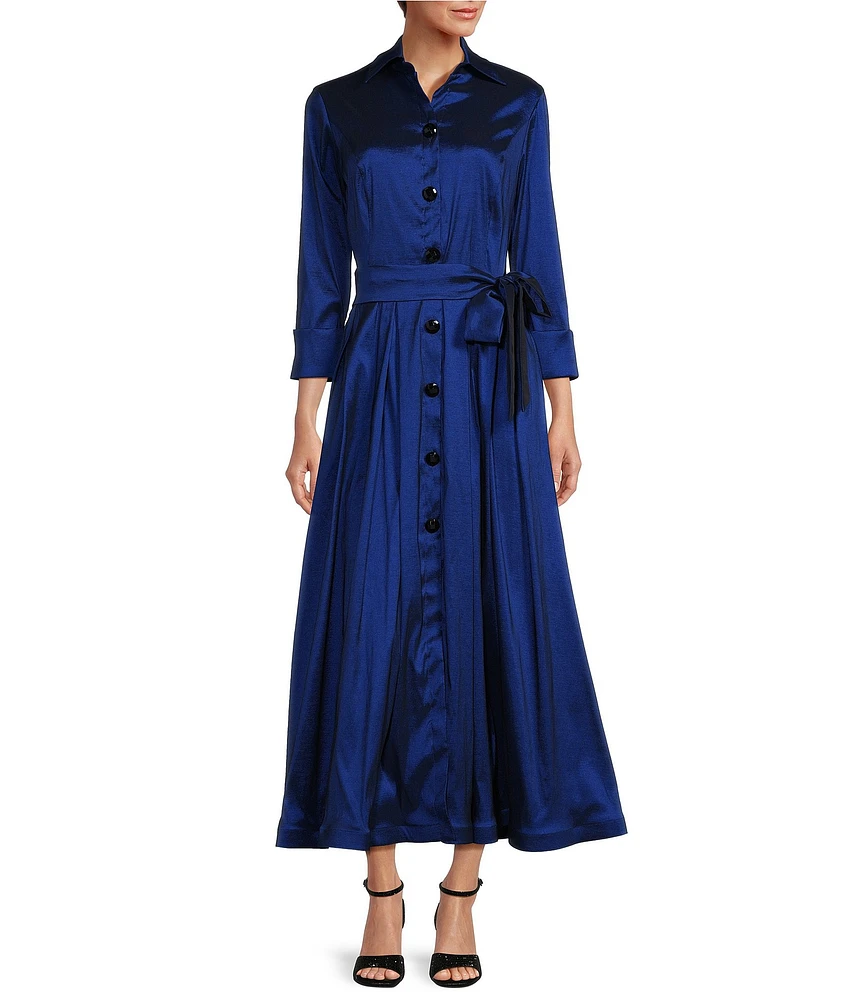 Marina 3/4 Sleeve Point Collar Neck Tie Waist Taffeta Midi A-Line Dress