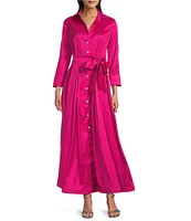 Marina 3/4 Sleeve Point Collar Neck Tie Waist Taffeta Midi A-Line Dress