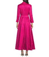 Marina 3/4 Sleeve Point Collar Neck Tie Waist Taffeta Midi A-Line Dress