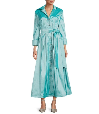 Marina 3/4 Sleeve Point Collar Neck Tie Waist Taffeta Midi A-Line Dress