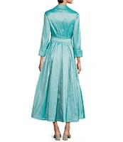 Marina 3/4 Sleeve Point Collar Neck Tie Waist Taffeta Midi A-Line Dress