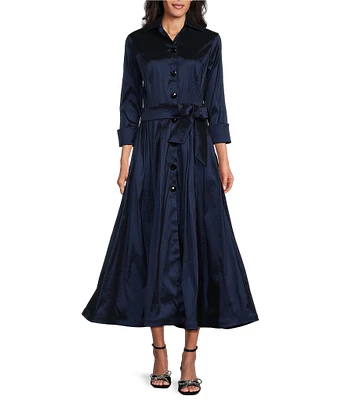 Marina 3/4 Sleeve Point Collar Neck Tie Waist Taffeta Midi A-LIne Dress