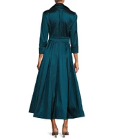 Marina 3/4 Sleeve Point Collar Neck Tie Waist Taffeta Midi A-Line Dress