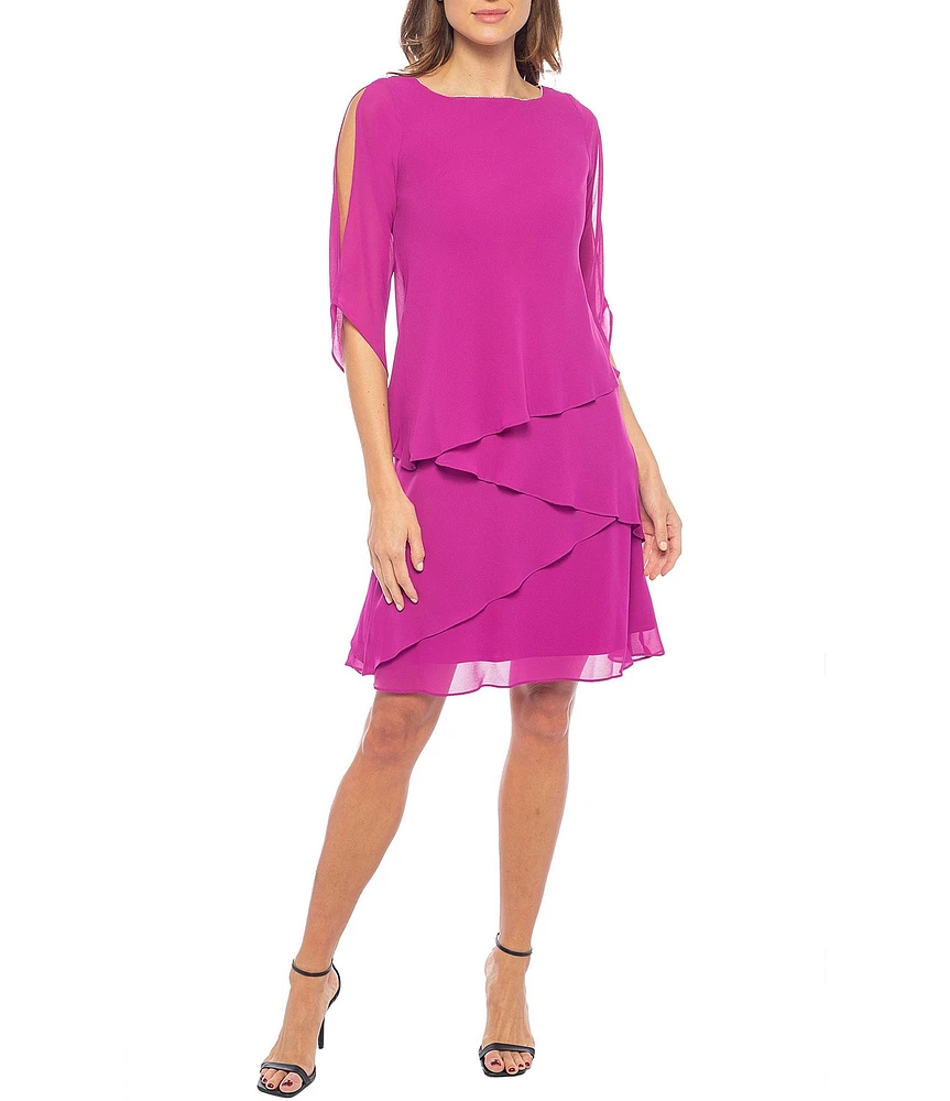 Marina 3/4 Split Sleeve Crew Neck Tiered Skirt Chiffon Sheath Dress