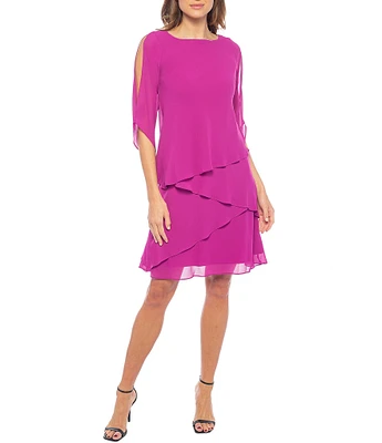 Marina 3/4 Split Sleeve Crew Neck Tiered Skirt Chiffon Sheath Dress