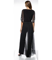 Marina Beaded 3/4 Sleeve Crew Neck Flyaway Jumpsuit