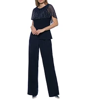 Marina Beaded Short Capelet Sleeve Round Neck Matte Jersey 2-Piece Pant Set