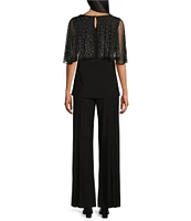 Marina Beaded Short Capelet Sleeve Round Neck Matte Jersey 2-Piece Pant Set