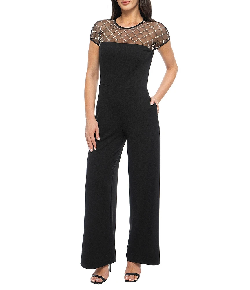 Marina Beaded Crew Neck Short Sleeve Scuba Crepe Jumpsuit