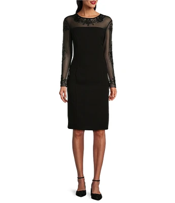 Marina Beaded Illusion Crew Neck Long Sleeve Sheath Dress