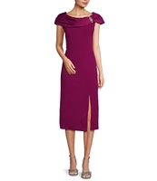 Marina Boat Cowl Neck Cap Sleeve Taffeta Sheath Midi Dress